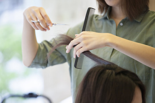 Hairdresser cuts customer's hair
