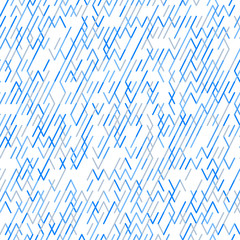 Geometric random lines pattern. Abstract technology background with blue and grey geometric shapes in tessellation on white. Linear abstract lattice, random coloring. Vector seamless linear pattern.