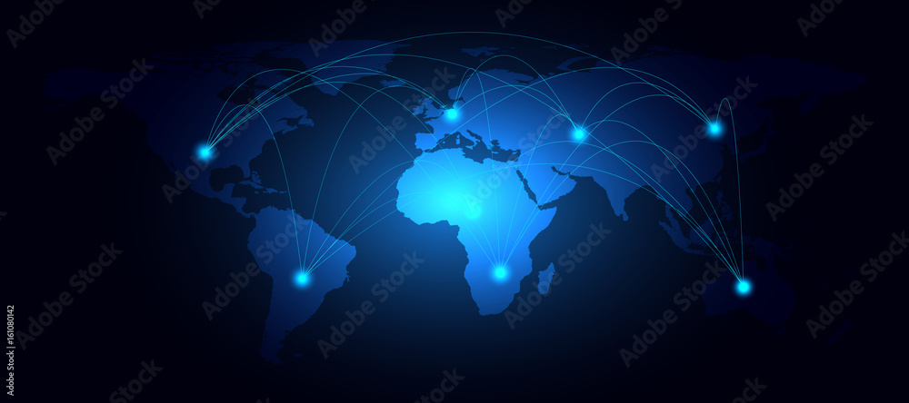 Wall mural world map and line nodes networking technology