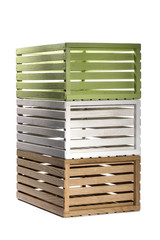 Multicolored boxes of wooden slats on a white background 