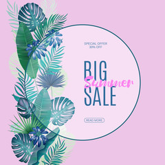 Sale banner, poster with palm leaves, jungle leaf. Vector floral tropical summer background