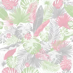 Plexiglas foto achterwand Tropical summer print with exotic leaves and plants. Trendy colors hand drawing seamless pattern © leezarius