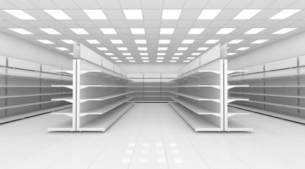 Interior of a supermarket with shelves for goods. 3d image.