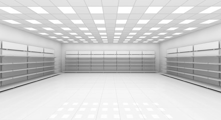 Interior of a supermarket with shelves for goods. 3d image.