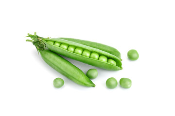 Ripe green peas on a white background. An isolated object.