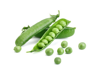 Ripe green peas on a white background. An isolated object.