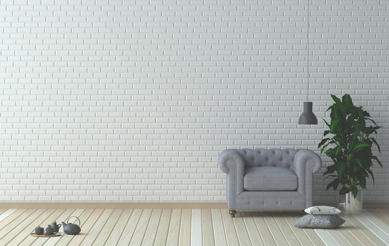 simple living room,armchair in front of white wall  interior design 3D illustration Scandinavian interior design.