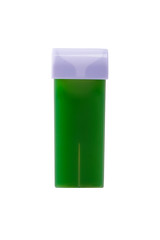 New cassette with green wax for hair removal on white background