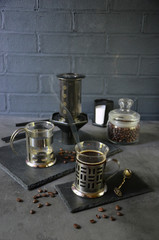 Aero press coffee preparation. Delish morning. Coffee for two.  Professional coffee brewing cafe shop