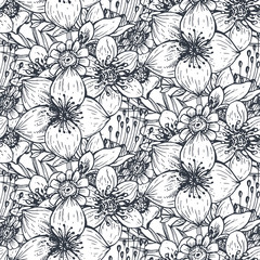 Seamless pattern with hand drawn flowers and plants