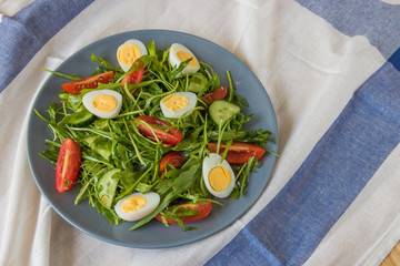 Fresh green salad with arugula, tomatoes, eggs and cucumber
