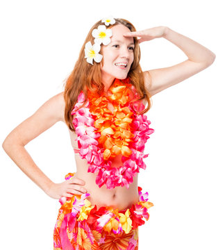 Woman looks to the side on a white background. Clothing in Hawaiian style