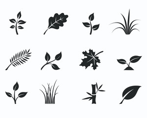 Black monochrome floral icon set