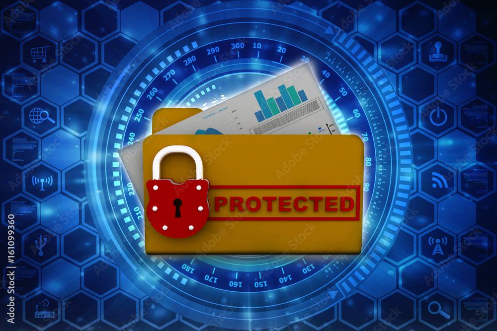 Poster yellow folder and lock. data security concept. 3d rendering