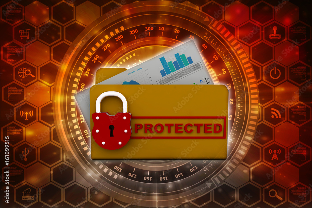 Poster yellow folder and lock. data security concept. 3d rendering