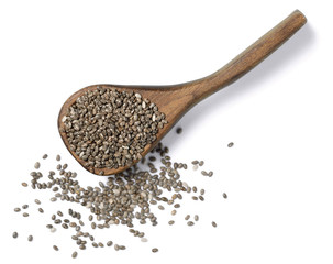 raw chia seeds in the wooden spoon, isolated on the white background, top view