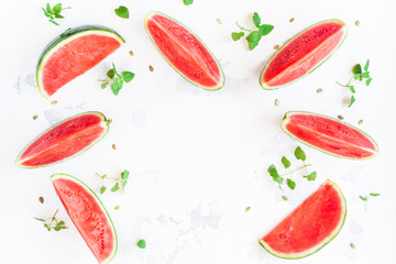 Watermelon frame. Sliced watermelon on white background. Flat lay, top view, copy space