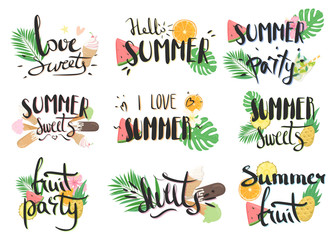 Vector hand-drawn lettering with illustrations of leaves of palm trees, fruits, cocktails, etc. Summer labels, logos, hand drawn tags and elements set for summer holiday. Summer sweets and ice cream