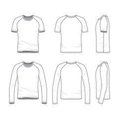 Vector templates of clothing set. Front, back, side views of blank raglan sleeves t-shirt and tee. Sportswear, uniform clothes. Fashion illustration. Line art design. - 161106392