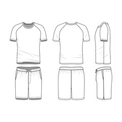 Vector templates of clothing set. Front, back, side views of blank t-shirt with raglan sleeves and shorts. Sportswear, uniform clothes. Fashion illustration. Line art design. - 161106397