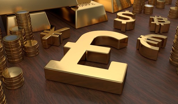 Investment and banking concept. Golden pounds symbol and coins. 3D rendered illustration.