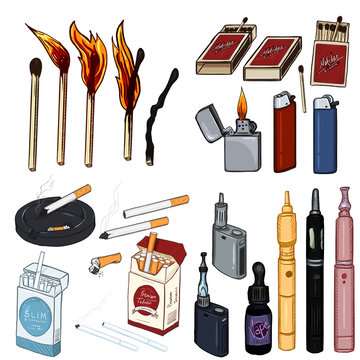 Vector Cartoon Set of Smoking and Vaping Items.