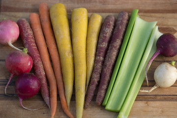 Carrots, Celery, and Radishes on a Wooden Cutting Board