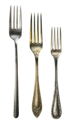 Set of overhead photos of vintage forks, isolated