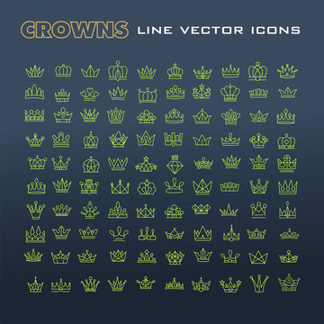 Vector heraldic elements design. Set of green line crowns.