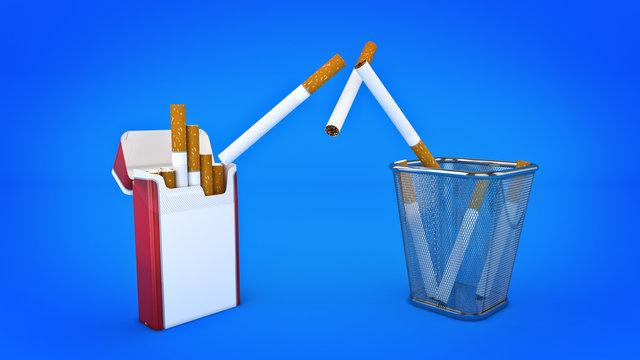 Bunch of cigarettes in the trash bin. Quit smoking concept. 3d rendering