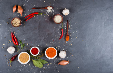 Top view of vegetables, spices and ingredients for cooking meat mockup on dark background