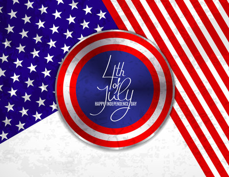 4th of July Independence Day greeting card , banner or invitation template. Round button roe web with patriotic colors background and lettering. Vector illustration.