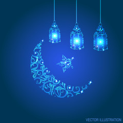 Blue background with moon and lanterns. Shiny illustration for Muslim holy month Ramadan Kareem.