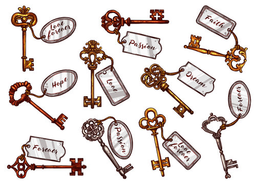 Vector sketch vintage keys with keychain tags