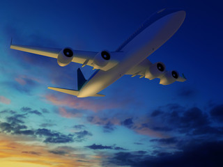 Fototapeta na wymiar 3d illustration of airplane flying in sunset sky.