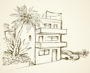 Vector illustration. East house patio