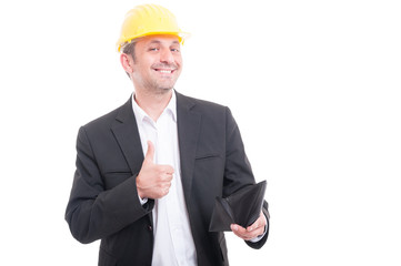 Foreman wearing yellow hardhat holding wallet showing like