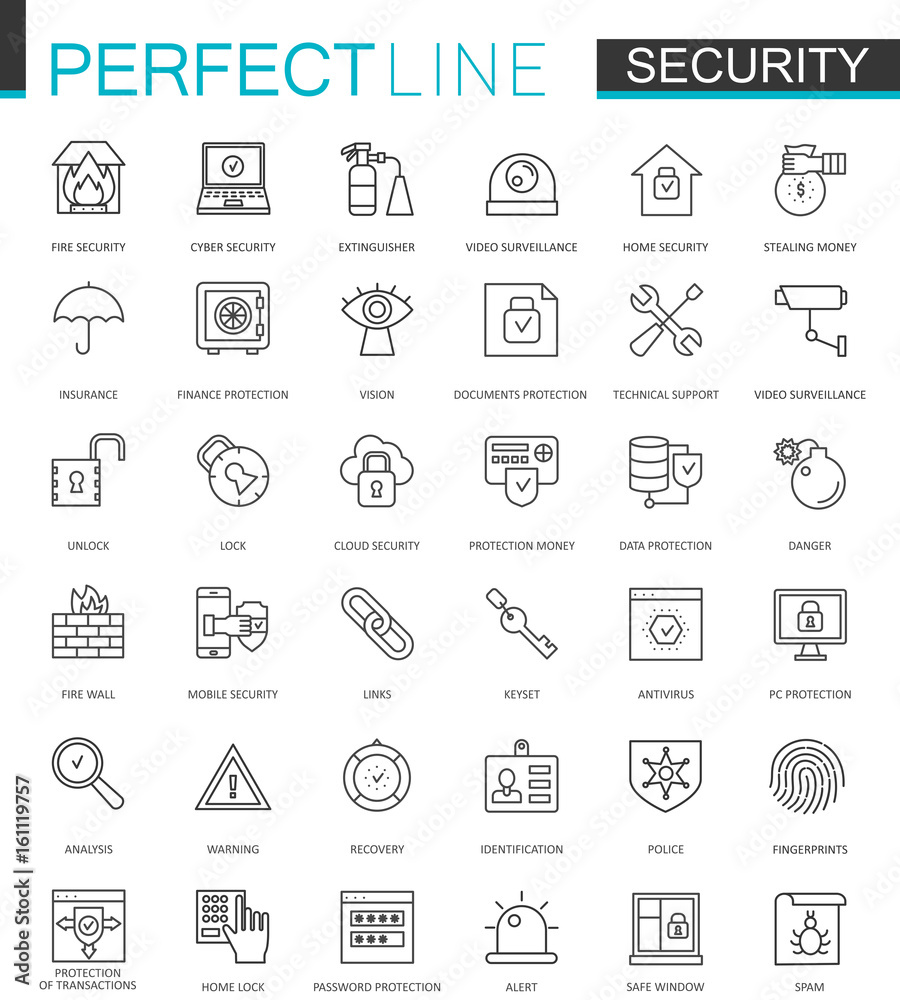 Poster Security protection thin line web icons set. Data, web, personal and home security outline stroke icons design.