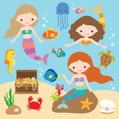 Vector illustration of cute little mermaids with fishes, jellyfish, starfish, crab, turtle, seahorse, shells, and treasure chest under the sea.