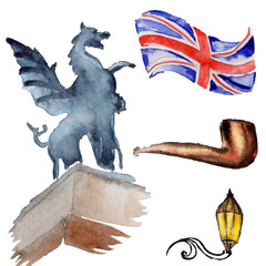 Fototapeta premium Watercolor London illustration. Great Britain hand drawn symbols.