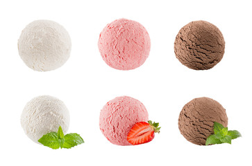 Ice cream scoops collection of six balls - creamy, strawberry, chocolate - decorated mint leaves, sliece berry. Isolated on white background. Template for menu.
