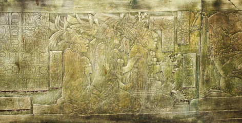 Bas-relief carving with of a Mayan kings in ancient city, Palenque, Chiapas, Mexico