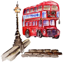 Foto op Canvas Watercolor London illustration. Great Britain hand drawn symbols. British bus © yanushkov