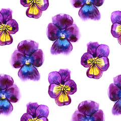 Watercolor illustration of Violet flowers. Seamless pattern. Seamless background of beautiful pansy.