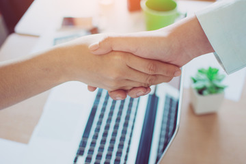 Businesswomen shaking hands for success.