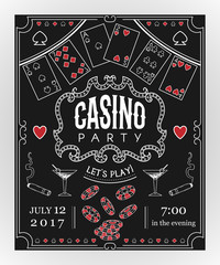 Casino party invitation on chalkboard with decorative elements. Vintage vector illustration - 161128115