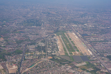 An international airport view from the airplane window