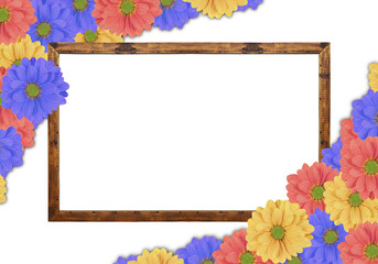 Beautiful blue, yellow and pink fresh daisy flower on picture wooden frame