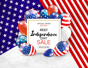 Independence day sale banner template design. White plate with hand draw lettering on patriotic colors background, Vector