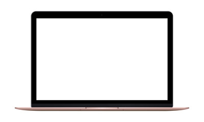 Laptop pink mockup with blank screen isolated on white background - front view. This template useful for showcasing screenshots website design or presentation advertising pages. Vector illustration